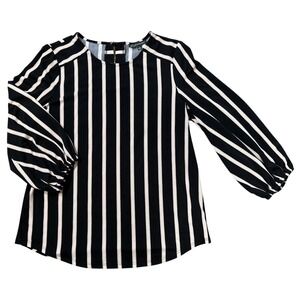 Adrianna Papell Black Beige Stripe Balloon Sleeve Blouse Top Womens Size S -chic